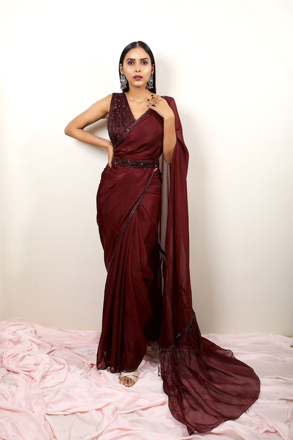 Wine Color Wonderful Sequins Work Saree In Art Silk Fabric -